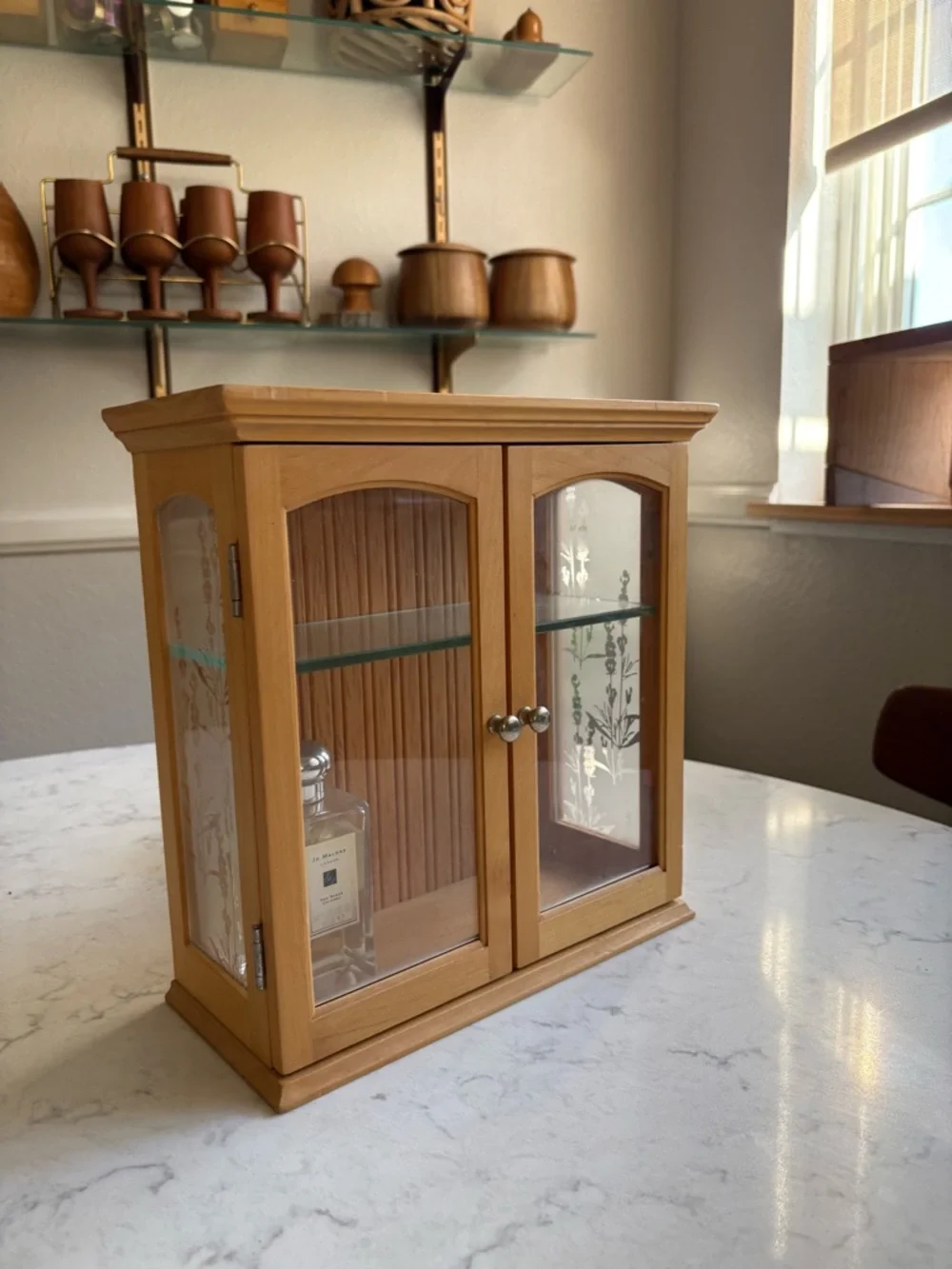 Wood Vintage Mini Curio Dispkay with Glass Shelf - Natural Brown